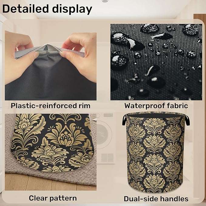 Golde Black Damask Flowers Laundry Basket - Extra Large Foldable Washable Laundry Hamper with Handles, Storage Bin for Bathroom/Laundry/Bedroom/Dorm