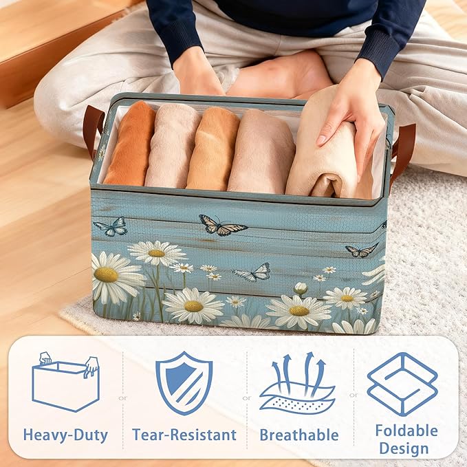 Vintage Daisy Wooden Storage Baskets,Butterfly Foldable Large Capacity Organizer Bins with Waterproof Lining and Leather Handles for Closet,Shelf,Bedroom 17x11.5x10Inch
