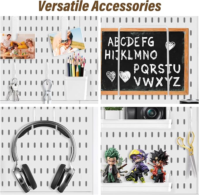AKTOP Peg Board Wall Organizer 4-Pack – 12"x12" White Pegboard Combination Kit with 13 Accessories for Wall, Plastic Peg Board Panels for Home, Office, Garage Tool Storage & Craft Room