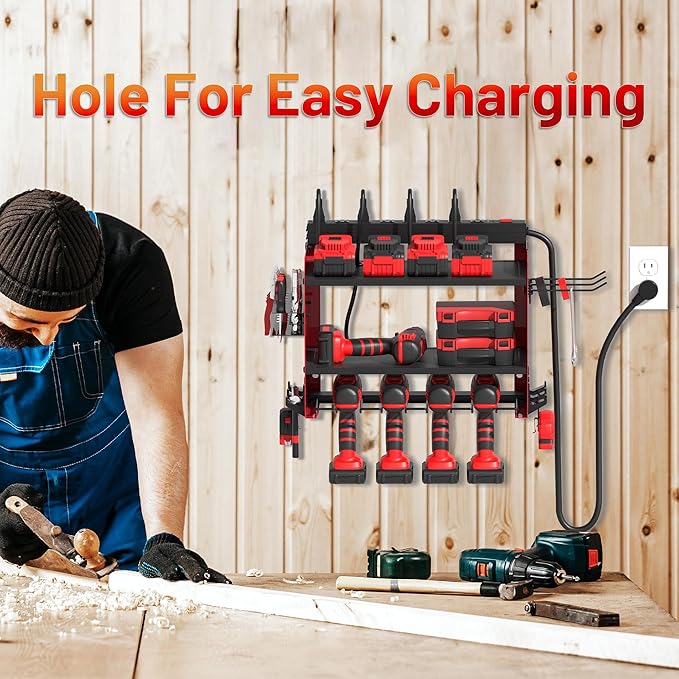 Power Tool Organizer Wall Mount with Charging Station, Garage Storage Rack for Cordless Drill, Tool Battery, Bit and Screwdriver, Utility Shelf with Power Strip and Hooks (3 Layer)