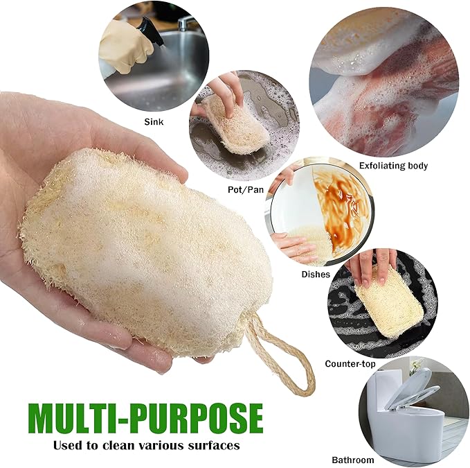 HONSVA Large Natural Dish Scrubber, Loofah Dishwashing Sponge (6 Pcs), No Scratch for Dish, Large Size 5.2"L*3.2"W, Loofah Plant Kitchen Eco-Scrubber, Zero Waste and Eco Friendly Sponges, Unbleached.