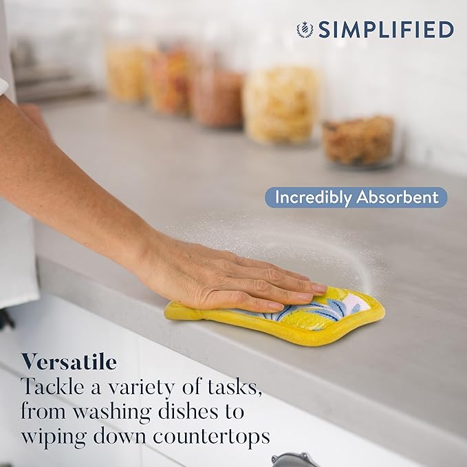 Simplified 5-Pack Scrub & Wipe 2-in-1 Dishwashing Sponges - Non-Abrasive Cleaning Sponges, Double-Sided - Safe for Dishes, Non-Stick Pans or Glassware, Absorbent Dish Sponges, Yellow Leaves
