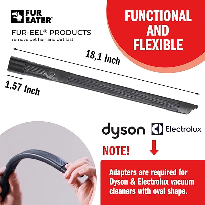 FUR-EEL 16.5-inch Flexible Crevice Cleaning Tool | Long Vacuum Attachment Crevice Brush Tool Kit for Vac Hoses 1-1/4"(32mm) or 1-3/8"(35mm) vac Accessories for Home & Car detailing