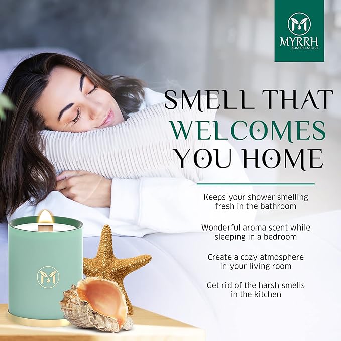 MyrrhUSA Ocean Breeze Scented Candle – 15 oz Natural Soy Wax with Crackling Wooden Wick & Essential Oils | 80 Hour Burn | Luxury Aromatherapy Candle for Relaxation, Home Décor, Living Room & Bathroom