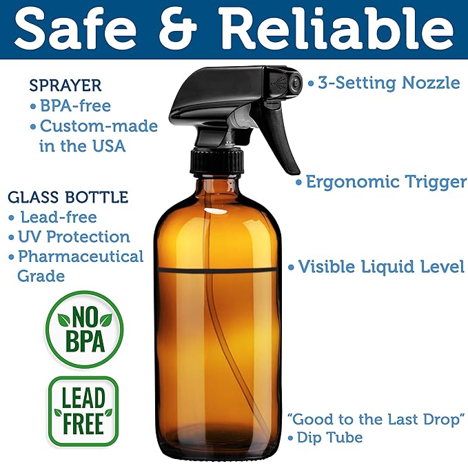 Sally's Organics Empty Amber Glass Spray Bottle - Large 16 oz Refillable Container for Essential Oils, Cleaning Products, or Aromatherapy - Black Trigger Sprayer w/Mist and Stream Settings - 6 Pack