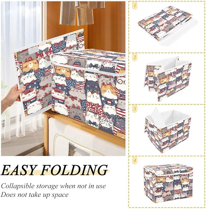 Bolaz Storage Bins with Lids and Handles,National Flag Cat Pattern Storage Box Basket with Cover Collapsible Organizer Containers for Home Closet, Shelves