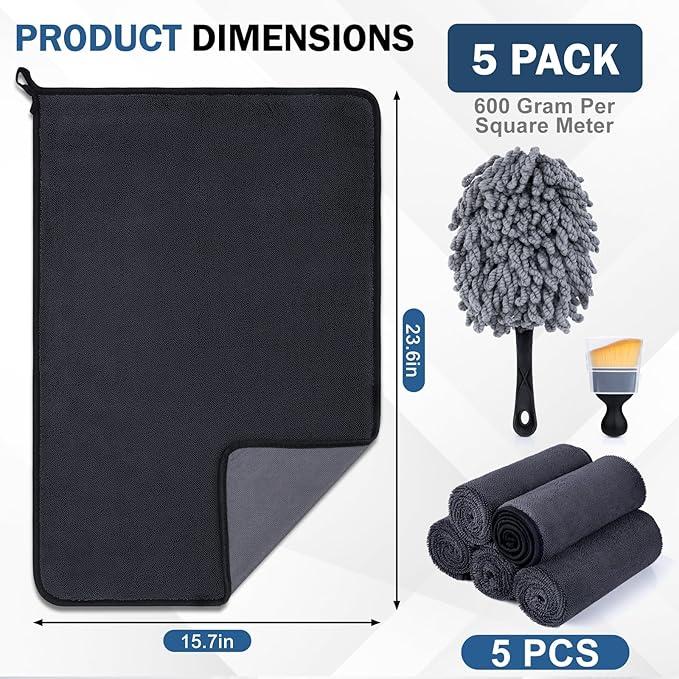 Navona 5 Pack Microfiber Car Drying Towels – Ultra Absorbent, Lint-Free Multi-Purpose Cloths for Car Wash, Bathroom Body Drying, Kitchen Cleaning & Sports Sweat Wiping