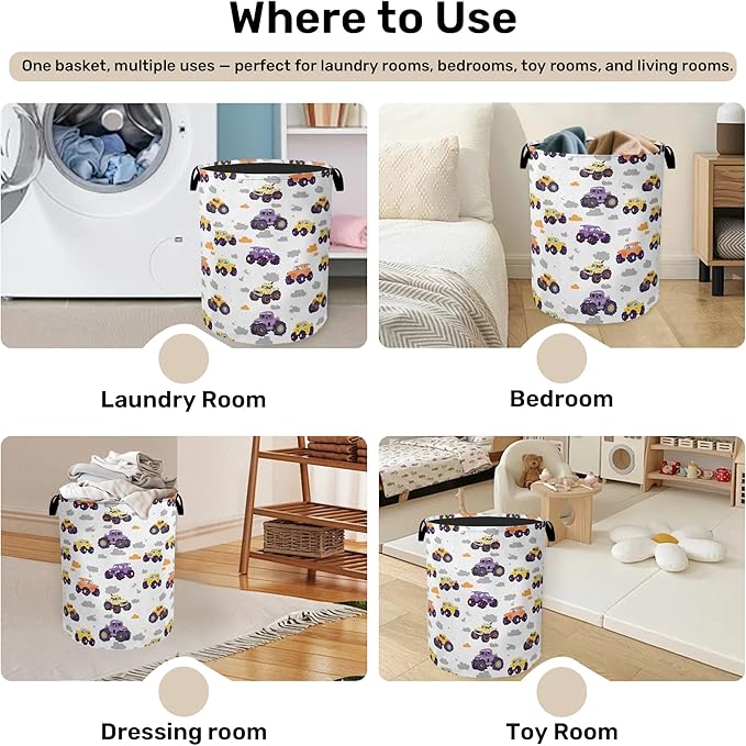 Vehicle Pattern Foldable Canvas Laundry Basket with Handles - Toy Organizer, Heavy Duty for Home，Bedroom, Dorm, Bathroom