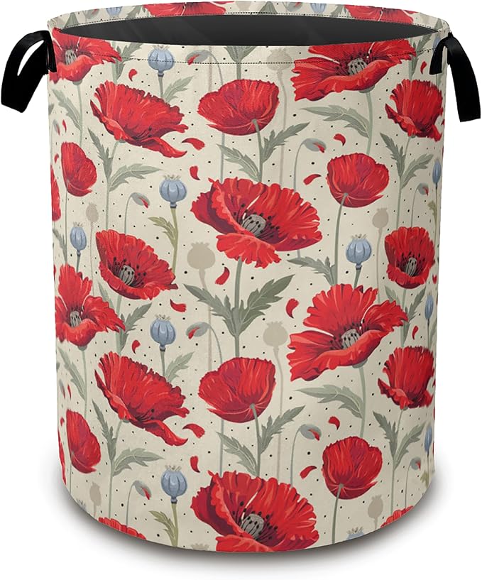 Vintage Poppy Laundry Hamper,Collapsible Laundry Baskets,Red Flowers Dirty Clothes Baskets with Handles,Oxford Cloth Hamper for Bedroom,Bathroom,College Dorms, 16"x20"
