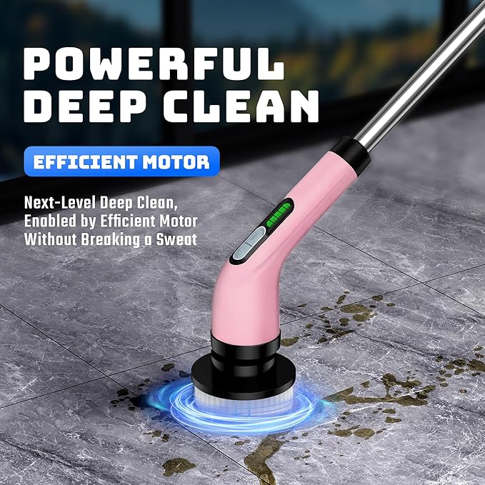 VigorDay Electric Spin Scrubber - Cordless Bathroom Scrubber with 7 Brush Heads - Dual Speed IPX7 Waterproof Power Scrubber for Heavy-Duty Bathtub, Glass, Tile, and Car Cleaning (Pink)