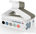 Neaties Plastic Hangers 30 Pack – Made in The USA – 6lb Capacity Standard Clothes Hangers with Strap Hooks for Dresses, Lingerie, Shirts, Pants, and Jackets – White & Gray