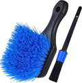 TAKAVU Short Handle Wheel Tire Brush & Included Detail Brush - Car Cleaning Kit for Rims, Tires, Interior Vents, Emblems - Scratch-Safe (Blue - Stiff Bristle)