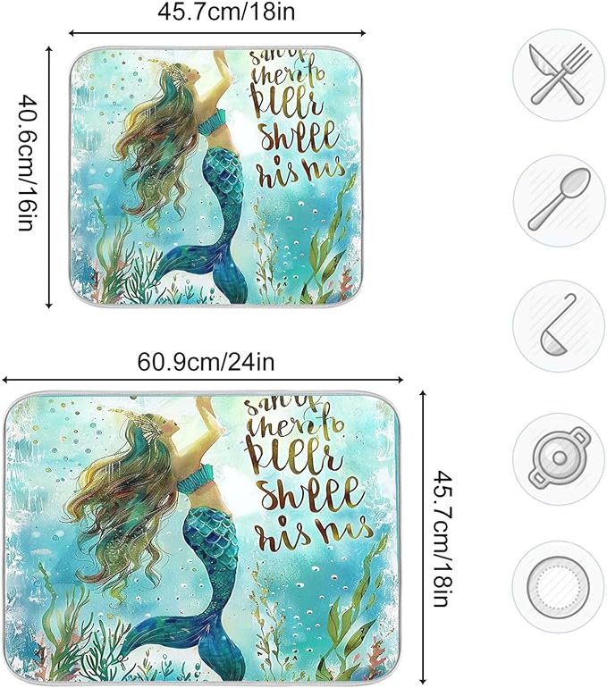 Mermaid Aqua Dish Drying Mat for Kitchen Countertop 16x18 Nautical Theme Ocean Turquoise Blue Small Drying Mat Reusable Quick Dry Dish Sink Mats Easy Clean Decorative Essentials