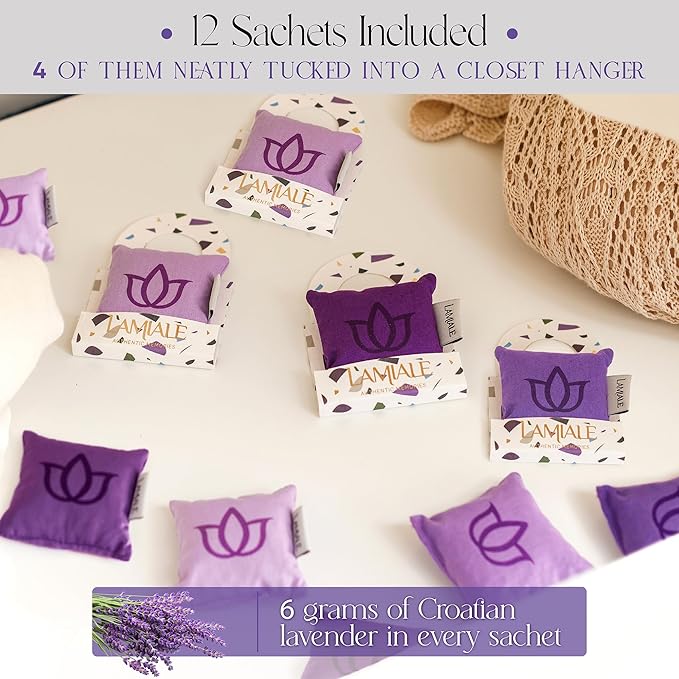 Lamiale Croatian Lavender Scented Sachets for Drawers and Closets – 12 Handmade Sachets, Natural Air Freshener, Moth Repellent, Thoughtful Gift for Her, Valentine's Day, Housewarming, Mother's Day