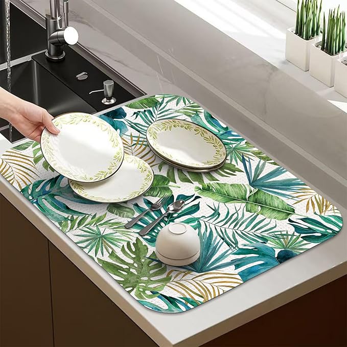 Quick Absorbent Kitchen Drying Mat - Stylish Patterns Dish Drying Mat- 16×18 Inch & 18×24 Inch Kitchen Drainer Mat for Countertops, Dishes & Glassware