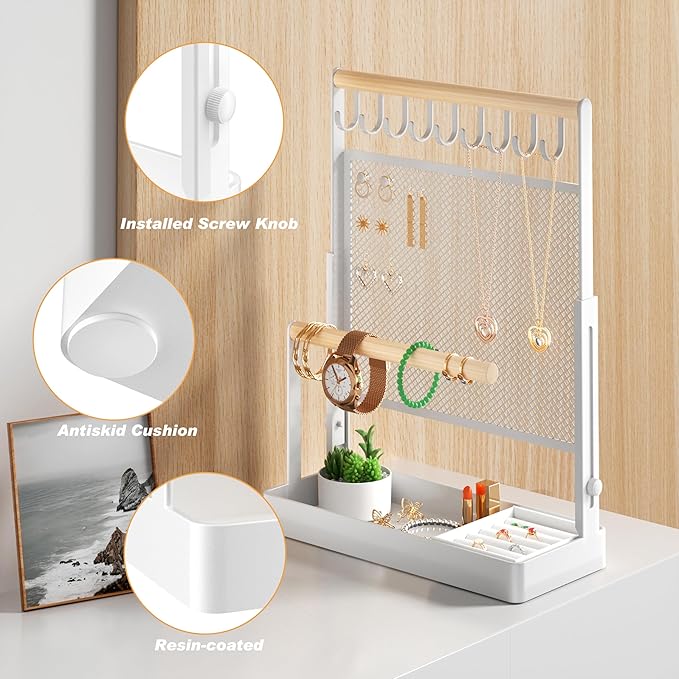 IOAIANIA Jewelry Organizer Stand with Velvet Ring Holder, Liftable Necklace Holder with Earring Organizer Net, 9 Hooks Necklaces Storage Wooden Handing Bar for Bracelets Watches Rings (White)