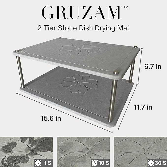 GRUZAM 2 Pcs Stone Dish Drying Mat, 2 Tier Dish Drying Stone for Kitchen Counter with Absorbent Dish Drying Mat, Stone Dish Drying Rack, Flexible Stone drying rack (Sandstone, 15.6" x 11.7" x 6.7")