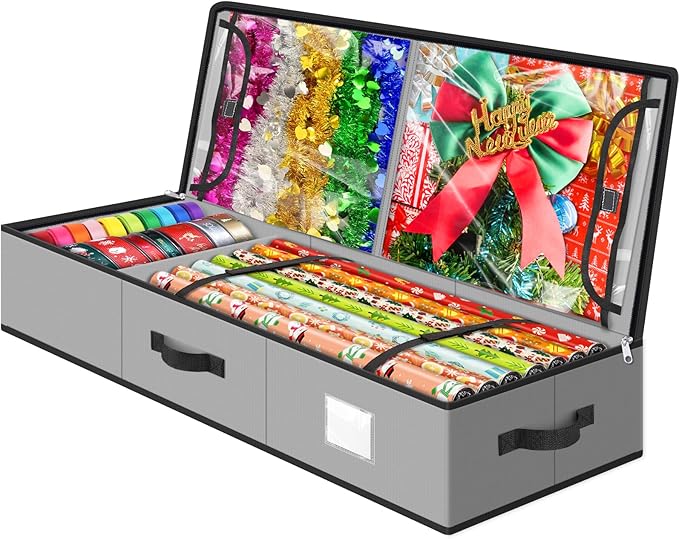 BlessedSeason Wrapping Paper Storage Organizer for 40 Inch Christmas Gifts Wrapping Paper, 2 Visible Supplies Pockets for Holiday Accessories, Christmas Decoration Storage Containers, Grey