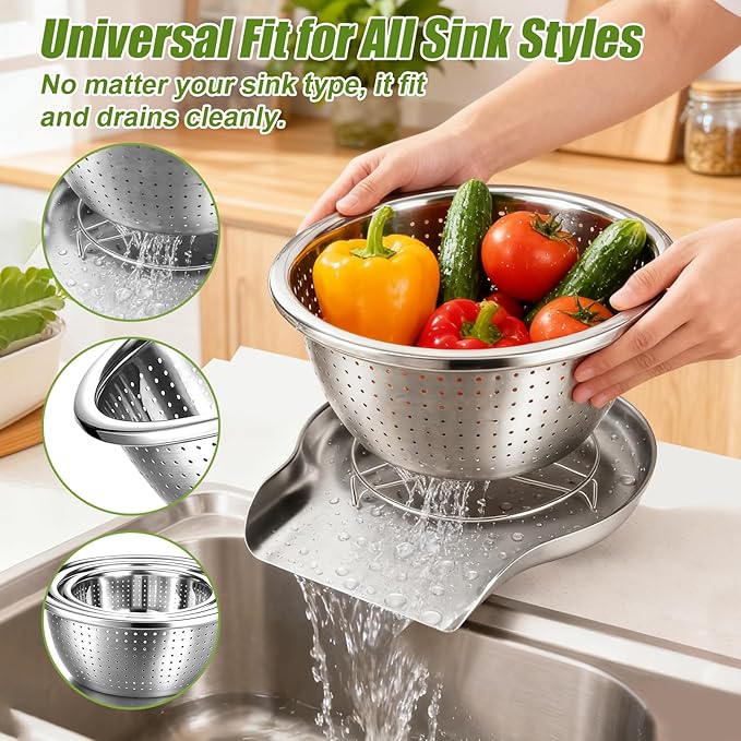 Palksky Stainless Steel Colander Set with Self-Draining Base, 3 Sizes Colanders & Food Strainers for Pasta, Rice, Fruits & Veggies, Metal Colander with Draining Plate for Sink or Countertop