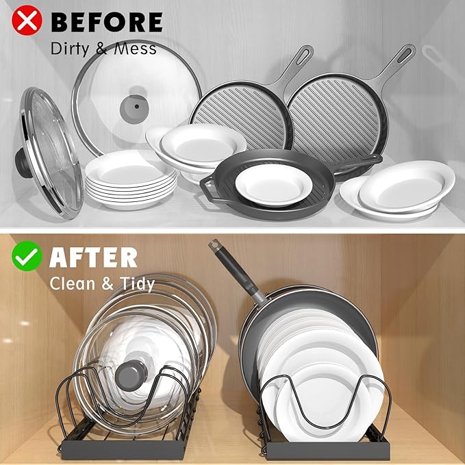 NomNest 2PACK Lid Organizers for Kitchen, Pots and Pans Organizer Under Cabinet with 16 Adjustable Dividers, Countertop Lid Holder, Rust-Resistant, Tool-Free Installation, Easy to Clean