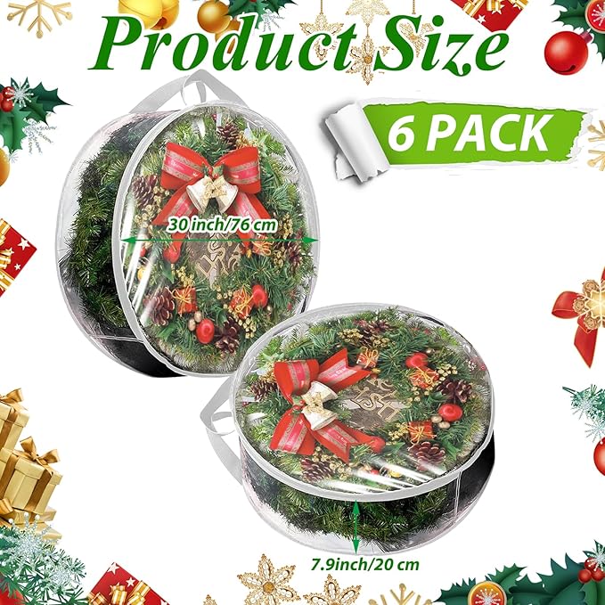 6 Pack Wreath Storage Container Bag 30 Inch Christmas Wreath Storage Bag Heavy Duty Christmas Wreath Boxes with Clear Window for Xmas Holiday Seasonal Wreath Garland (White)
