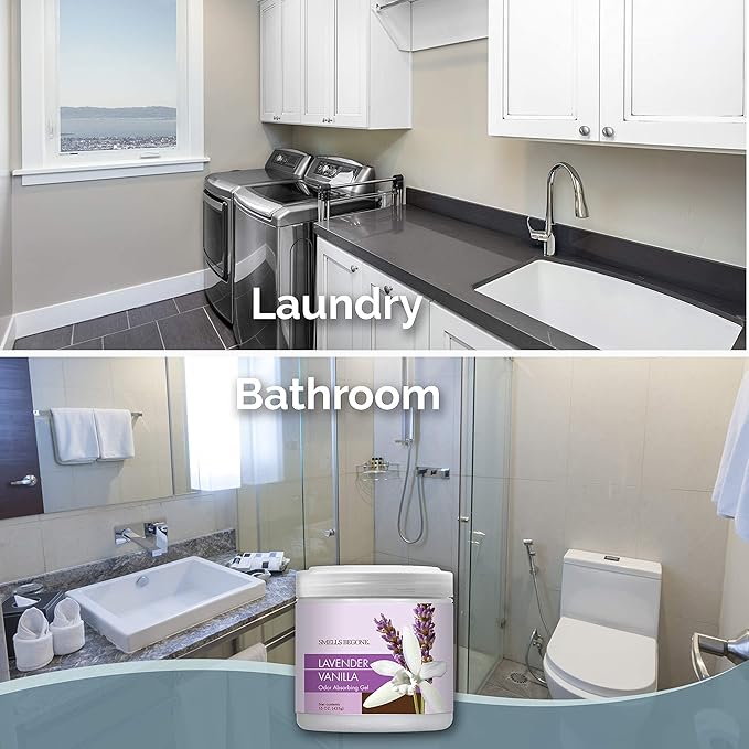 SMELLS BEGONE 15oz Gel Odor Eliminator - Absorb & Remove Tough Odors in Pet Areas, Bathrooms, Basements, Garage, Cars, RVs & Boats - Eliminate Odors Quickly (1-Pack, Lavender Vanilla)