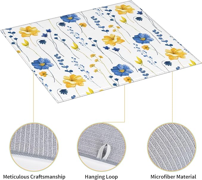 Navy Blue Yellow Flower Dish Drying Mat for Kitchen Counter Watercolor Floral Decorative Dish Drainer Rack Mats 16"x18" Absorbent Reversible Drying Pad