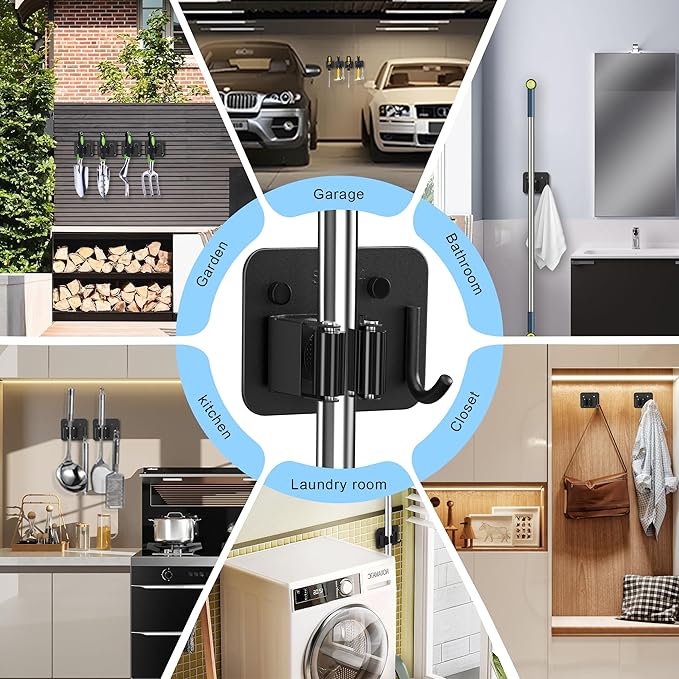 4 Pack Mop and Broom Holder Wall Mount - Stainless Steel Broom Mop Hanger - Wall Mounted Garden Tool Rack Organizer for Closet Garage Laundry Room Kitchen Decor (Black)