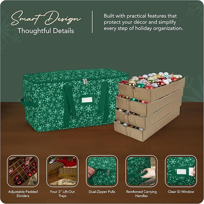 Covermates Keepsakes Adjustable Ornament Storage Bag – Heavy-Duty Polyester, Padded Dividers & FlexGrid Trays – Protective Holiday Ornament Organizer with Handles & Label Window, Green Snowflake