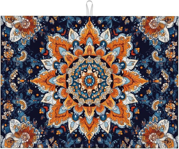 Mandala Flowers Dish Drying Mat for Kitchen Counter Microfiber Super Absorbent Non-Slip Dish Drying Pad for Countertops Dishes Utensils Stylish Quick-Dry Machine Washable 18x24 Inch