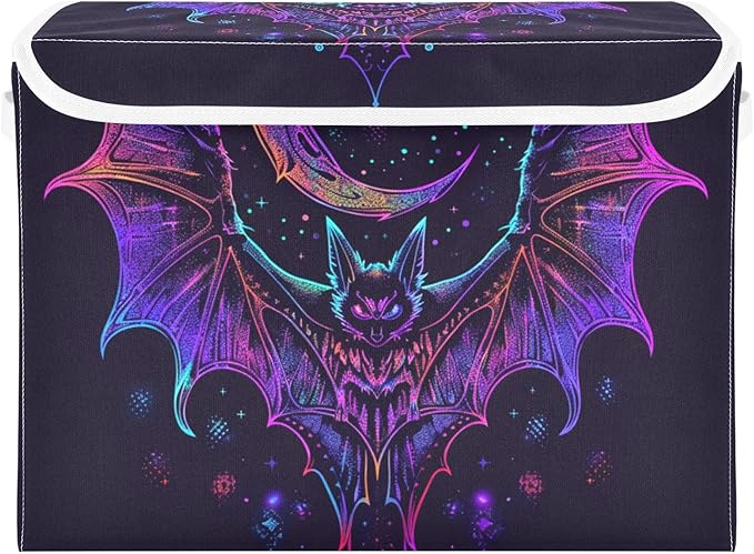senya Halloween Baskets Collapsible Storage Bins with Lids, Neon Bat Crescent Storage Boxes Clothes Baskets for Organizing, B06D22020