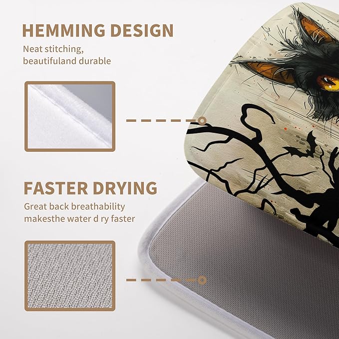 Wnoesat Black Cat Fall Pumpkin Dish Drying Mat 18x24 - Super Absorbent Drying Pads for Kitchen Counter - Happy Halloween Bat Branch Large Microfiber Dishes Drying Mats