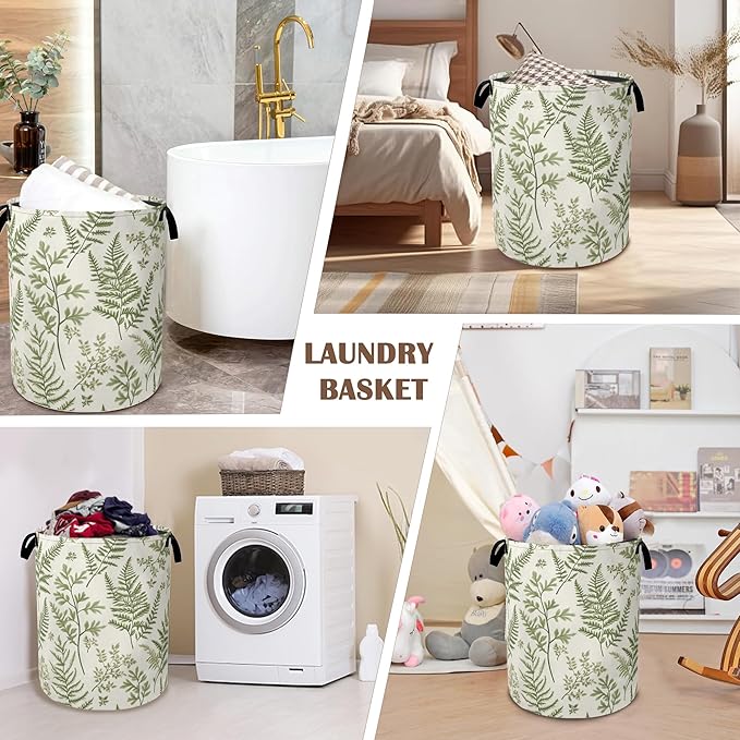 Sage Green Collapsible Laundry Baskets,Eucalyptus Leaves Laundry Hamper,Storage Basket with Handles for Bathroom Bedroom College Dormitory Living Room Nursery Organizer 16"x20"