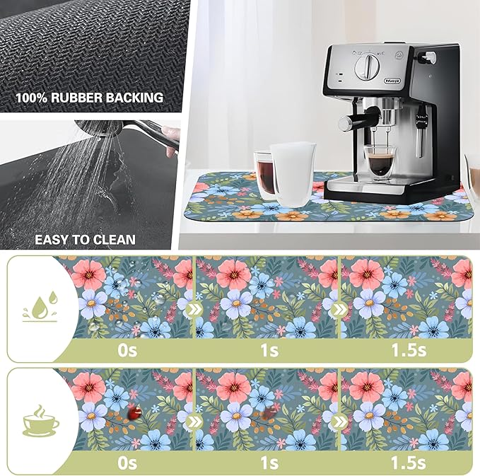 Dish Drying Mat Colorful Hand Draw Flowers Kitchen Mat 16"x24" Bsorbent Coffee Maker Mat for Dishes Utensils Coffee Maker Pots and Pans Easy Clean Dish Slip Resistant Pad