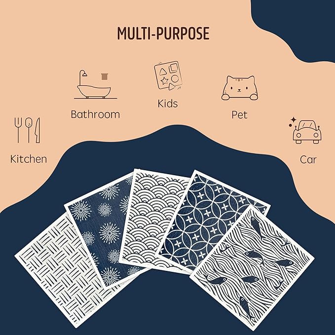 Augine Swedish Dishcloths, 5 Pack Swedish Dishcloths for Kitchen, Super Absorbent, Biodegradable, Quick Drying, Dishwasher Safe