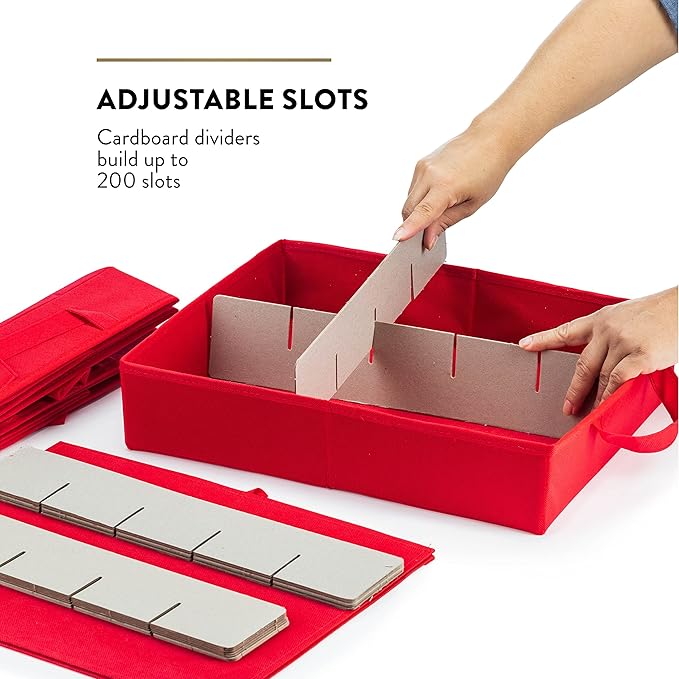 ZOBER Christmas Ornament Storage Box - Stores 200 3" Ornaments with Individual Trays - Tear Proof 600D Oxford Fabric - ornament organizer storage box (Red, 200-3" Ornaments)