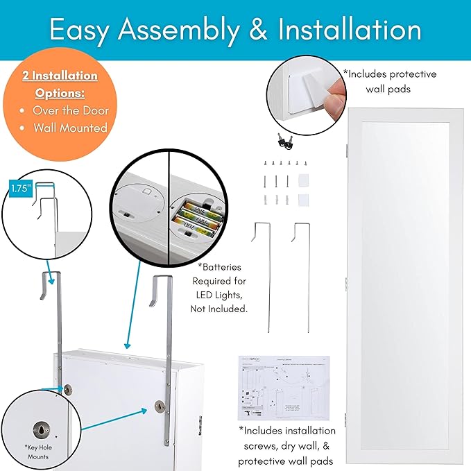 BIRDROCK HOME Hanging Jewelry Organizer - Lockable Storage Cabinet with Body Mirror & LED Lights, Door or Wall Mounted for Closet or Bedroom Dresser, Adjustable Height & Large Capacity - White