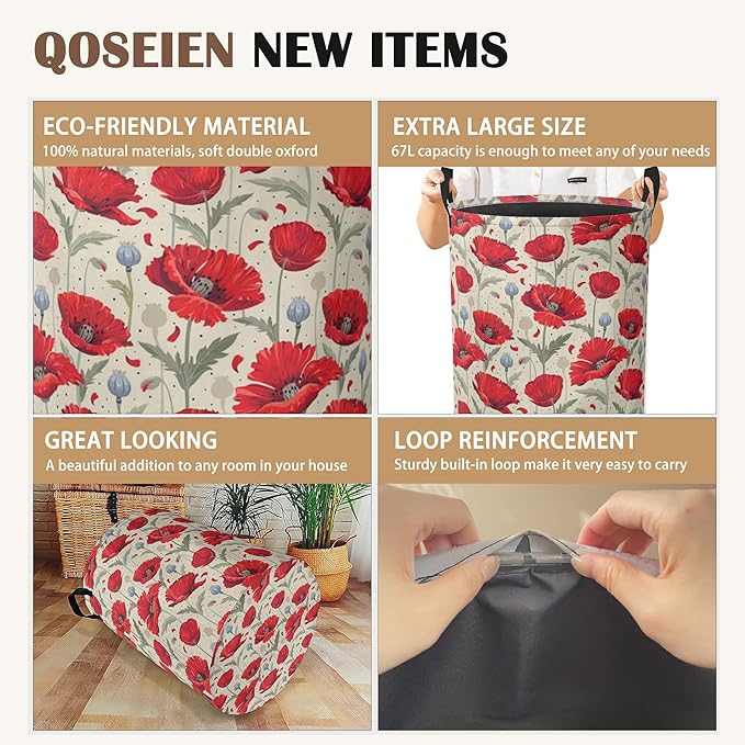 Vintage Poppy Laundry Hamper,Collapsible Laundry Baskets,Red Flowers Dirty Clothes Baskets with Handles,Oxford Cloth Hamper for Bedroom,Bathroom,College Dorms, 16"x20"