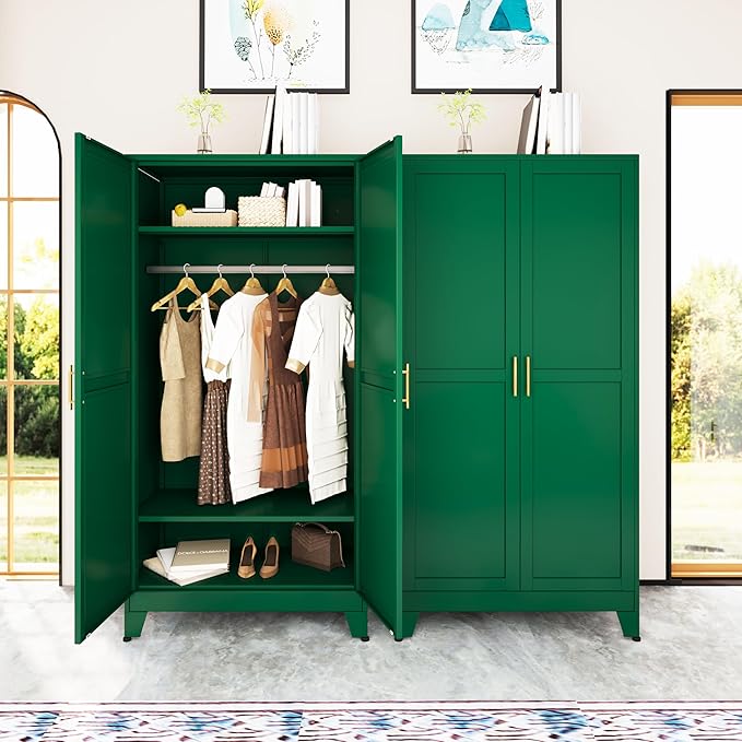 71 "Metal Armoire Wardrobe Closet, Steel Clothing Storage Cabinet with Adjustable Shelves and Hanging Rod, Household Steel Wardrobes Storage Cabinet with Adjustable standing feet (Wardrobe-Green)