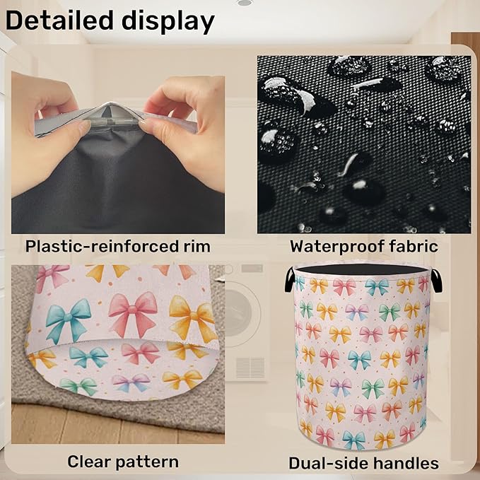 Colorful Bow Foldable Laundry Hamper - Waterproof Fabric Storage Basket with Handles, Clothes Hampers for Laundry,Bedroom,Dorm