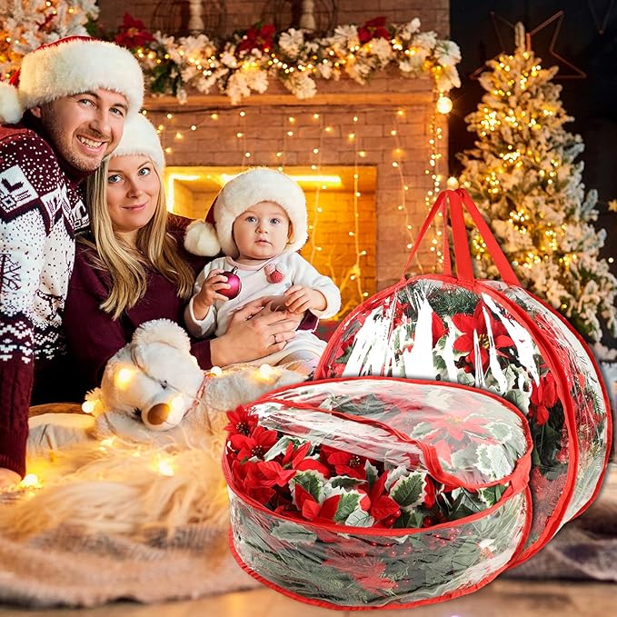 4 Pcs Christmas Wreath Storage Bag, 24 Inch Clear Red Edging Xmas Wreath Storage Container, Garland Holiday Artificial Wreath Storage Holder, Water Proof Transparent PVC with Handles