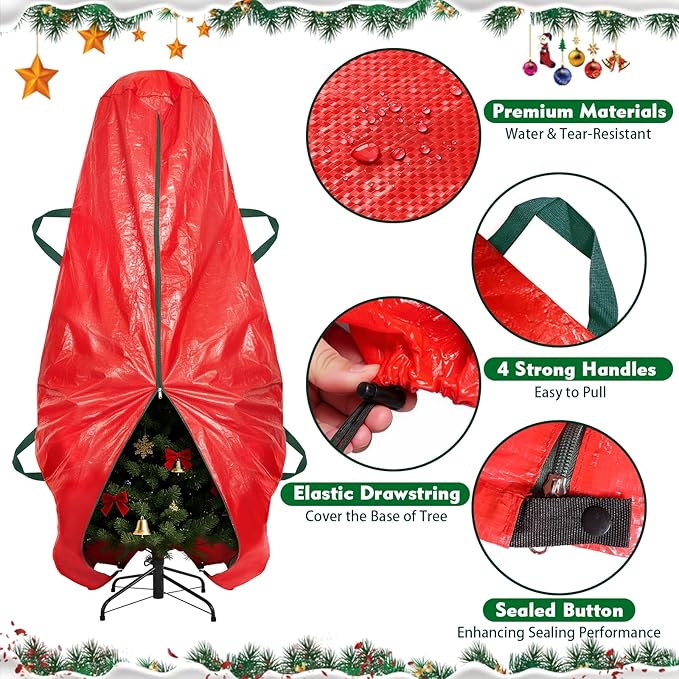9 ft Christmas Tree Storage Bag, Upright Christmas Tree Bag with Strong Handles, Waterproof & Tear Resistant Xmas Storage Cover with Zippers for Wide Opening(Red)