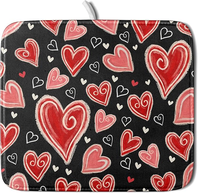 Valentines Day Dish Drying Mat for Kitchen Counter 18x16 Inch Black Red Heart Drying Mat with Absorbent Reversible Microfiber Love Dish Drainer Mats Rack Pad for Coffee Countertop Protector
