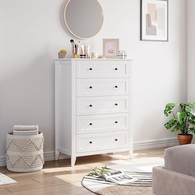 Modern 5 Drawers Dresser for Bedroom, Tall Wood Chest of Drawers for Clothes, Big Storage Dressers Organizer with Gold Handles & Deep Drawers, Living Room, Closet, Hallway, White