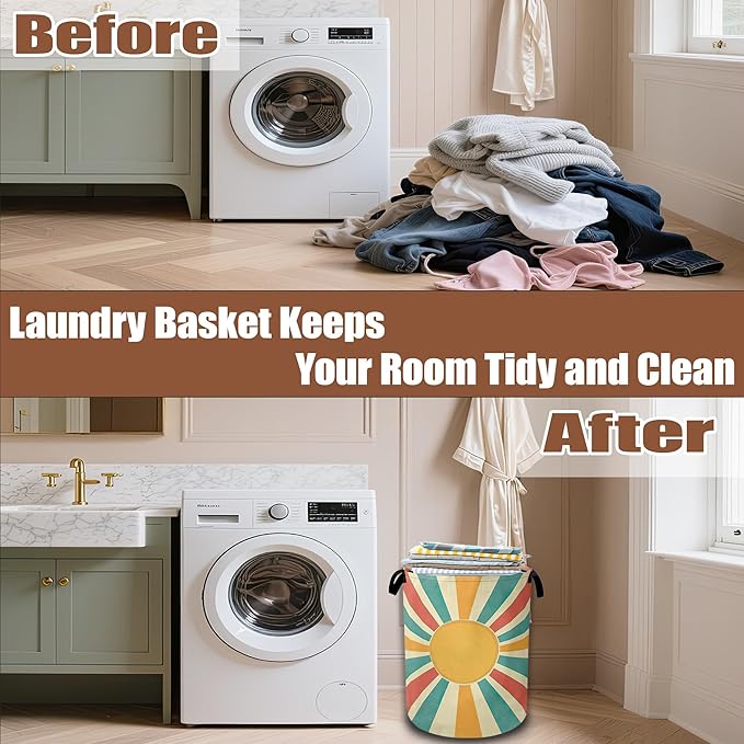 Groovy Retro Sun Laundry Baskets,Laundry Hamper,Storage Basket with Handles for Bathroom Bedroom College Dormitory Living Room Nursery Organizer 16"x20.8"