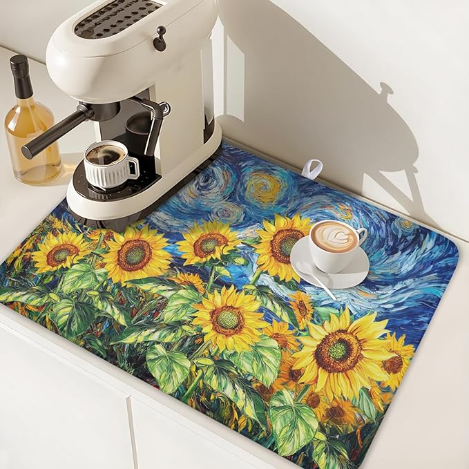 Sunflower Dish Drying Mat for Kitchen Counter 24x18 Inch Starry Night Drying Mat with Absorbent Reversible Microfiber Farmhouse Floral Dish Drainer Mats Rack Pad for Coffee Countertop Protector