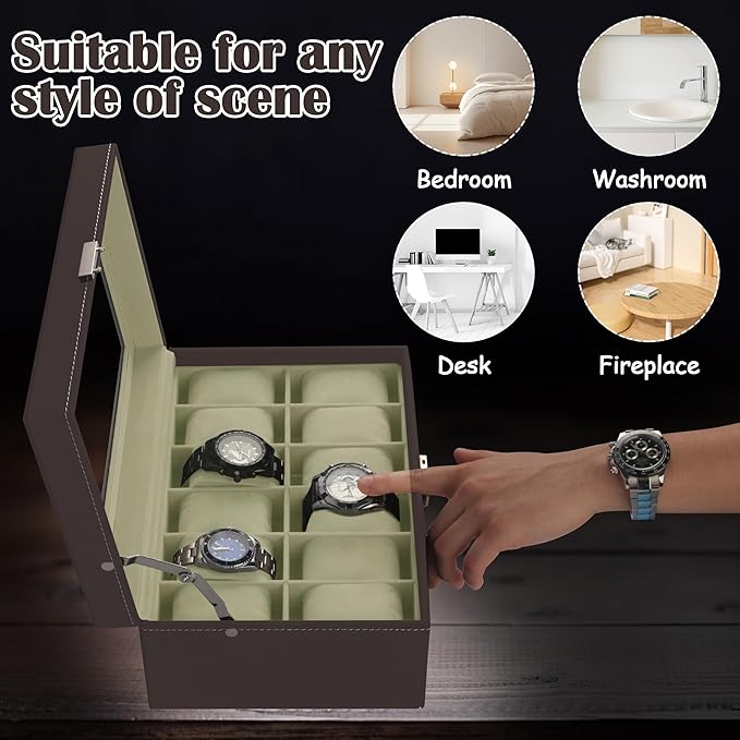 Ogrmar 12 Slot PU Leather Lockable Watch Storage Boxes, Men & Women Jewelry Display Drawer Case, 2-tier Organizer Watch Showcase with Glass Lid (Brown)