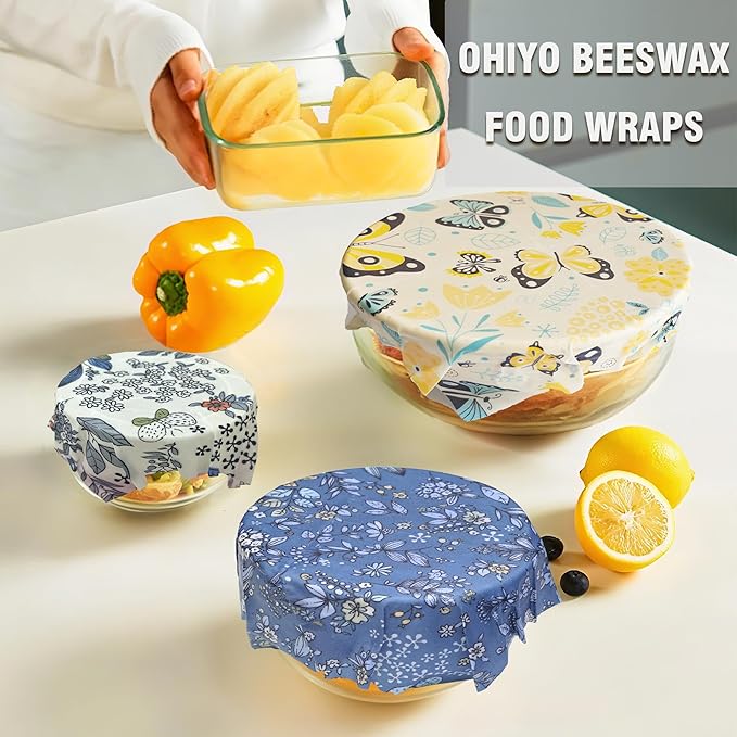 OHIYO Reusable Beeswax Wrap for Food, 9 Pack Organic Cotton Beeswax Papers (1XL + 3M + 5S), Bread Sandwich Wrapper, Suitable for Bowls, Cheese, Reusable Plastic-Free Food Storage Wrap