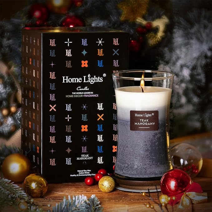 HomeLights 3-Layer Candles for Home Scented, 21.52 OZ Natural Soy Wax Scented Candles Burns Up to 100 Hours, Large Jar, Teak Mahogany