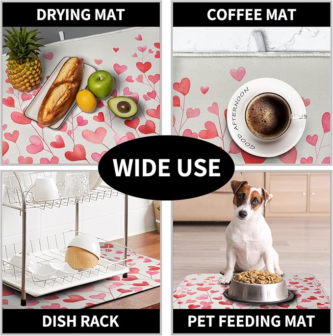 Kwlegh Valentines Pink Love Heart Dish Drying Mat Valentine Day Absorbent Microfiber Dish Drying Pad Heat Resistant Kitchen Counter Draining Mat Extra Large Dish Drainer Rack Mats 18x24 Inch
